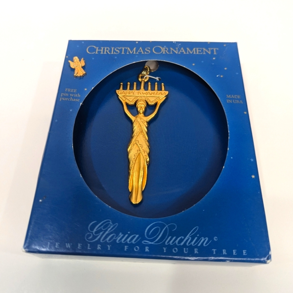 Gloria Duchin Gold Tone Happy Kwanzaa Christmas Ornament With Bonus Angel Pin